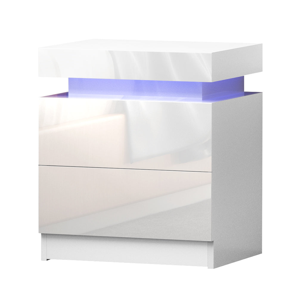 Moderne LED Nachtkastje met 2 Lades en Lift-Up Opbergvak – Wit Hoogglans 45 cm | Sansoti