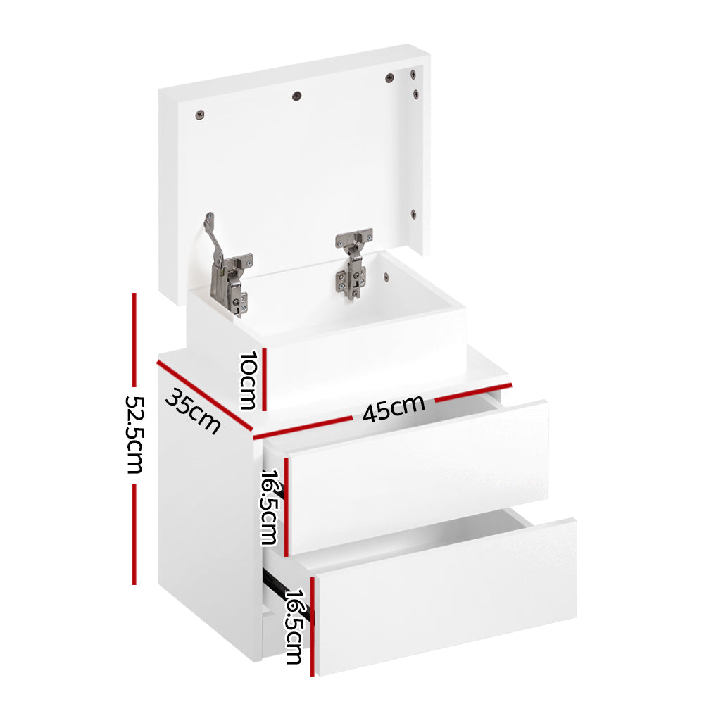 Moderne LED Nachtkastje met 2 Lades en Lift-Up Opbergvak – Wit Hoogglans 45 cm | Sansoti
