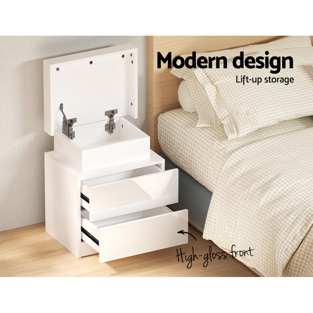 Moderne LED Nachtkastje met 2 Lades en Lift-Up Opbergvak – Wit Hoogglans 45 cm | Sansoti