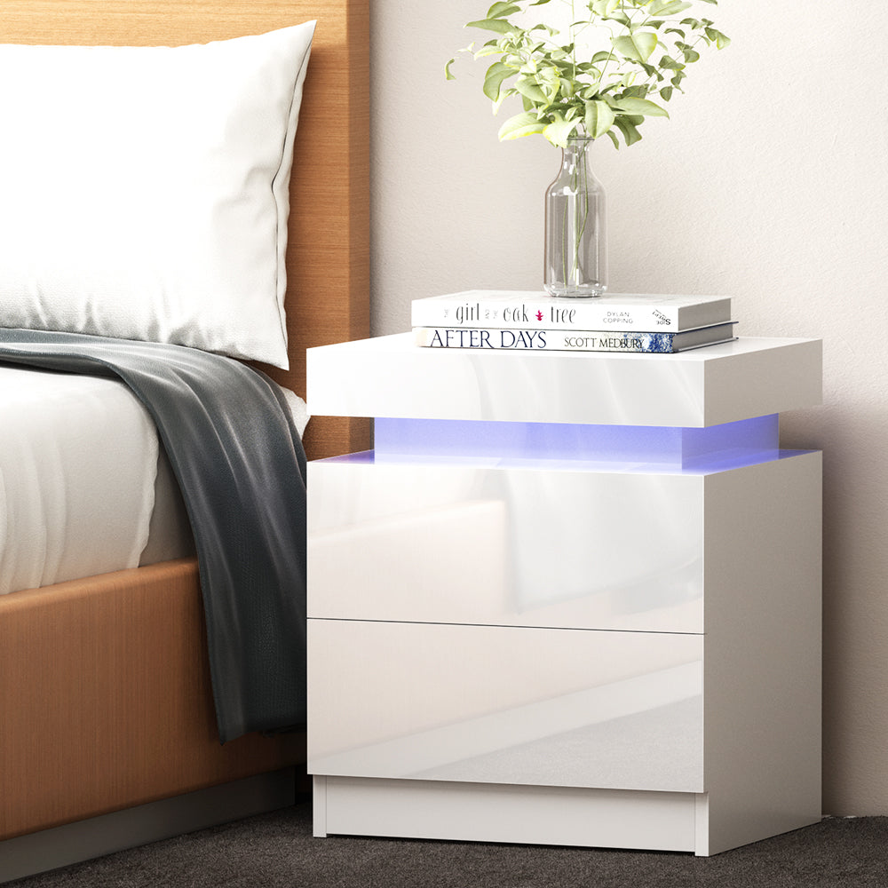 Moderne LED Nachtkastje met 2 Lades en Lift-Up Opbergvak – Wit Hoogglans 45 cm | Sansoti