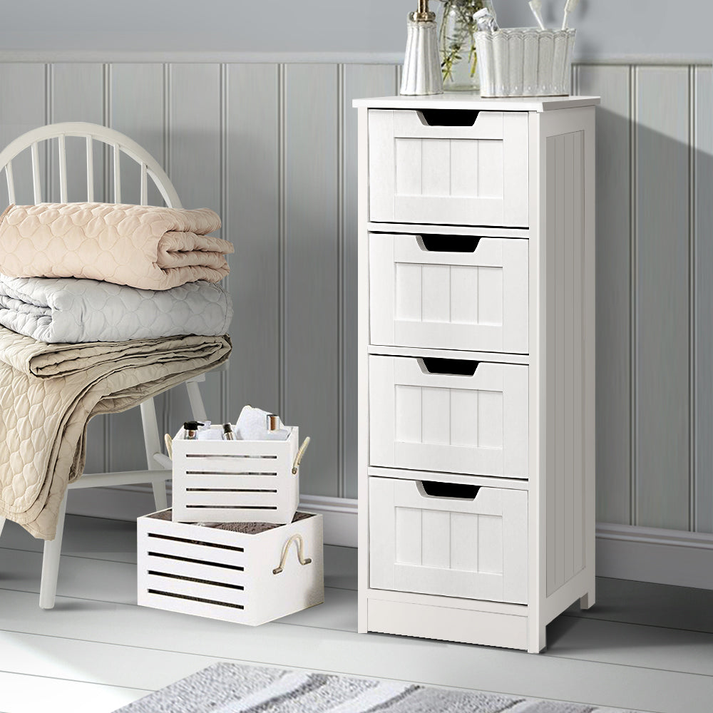 Commode étroite blanche avec 4 tiroirs – Meuble de rangement campagne en MDF 81 cm | Restfield