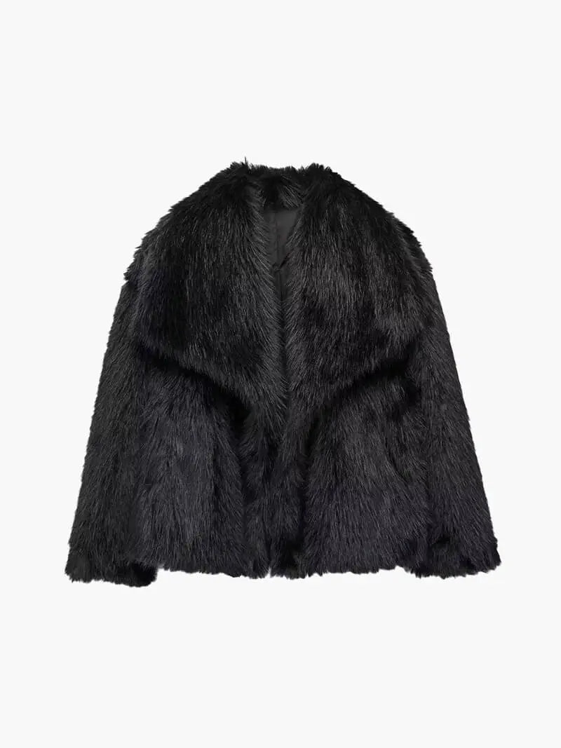 Wintermantel aus Kunstpelz mit breitem Revers - Warmer langer Damenmantel, elegant, Wintermode für draußen | Sansoti
