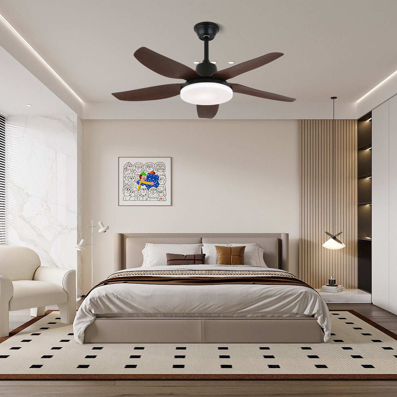 Ventilateur de plafond moderne Luvo avec éclairage et finition en bois – Ø122 cm – Avec télécommande – LED incluse – 6 vitesses | Sansoti
