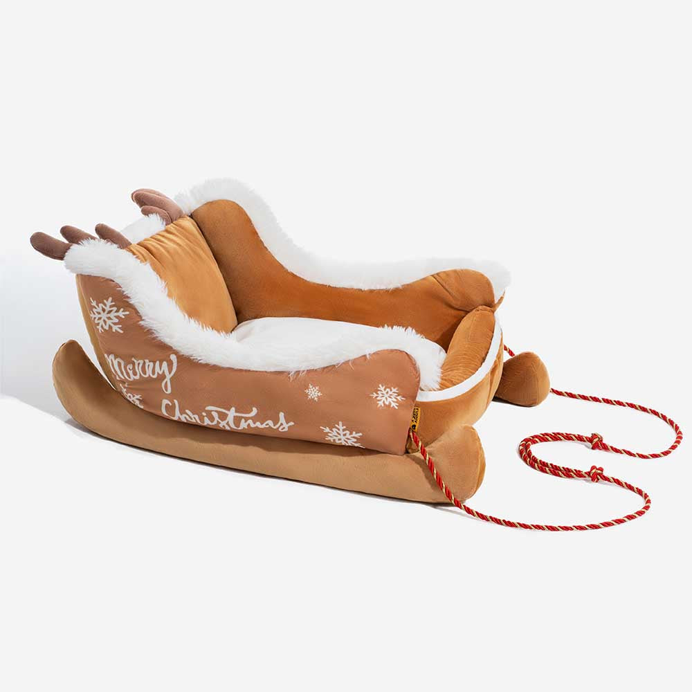 Pluche Hondenmand Kerstslede Rood Bruin 3 Maten Premium Huisdierbed Feestelijk Decoratief Warm Gezellig | Sansoti