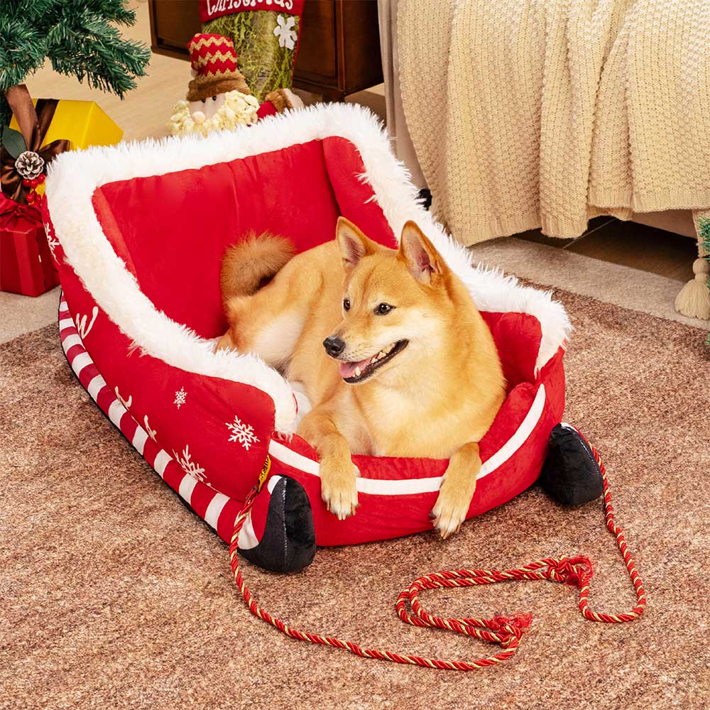 Pluche Hondenmand Kerstslede Rood Bruin 3 Maten Premium Huisdierbed Feestelijk Decoratief Warm Gezellig | Sansoti