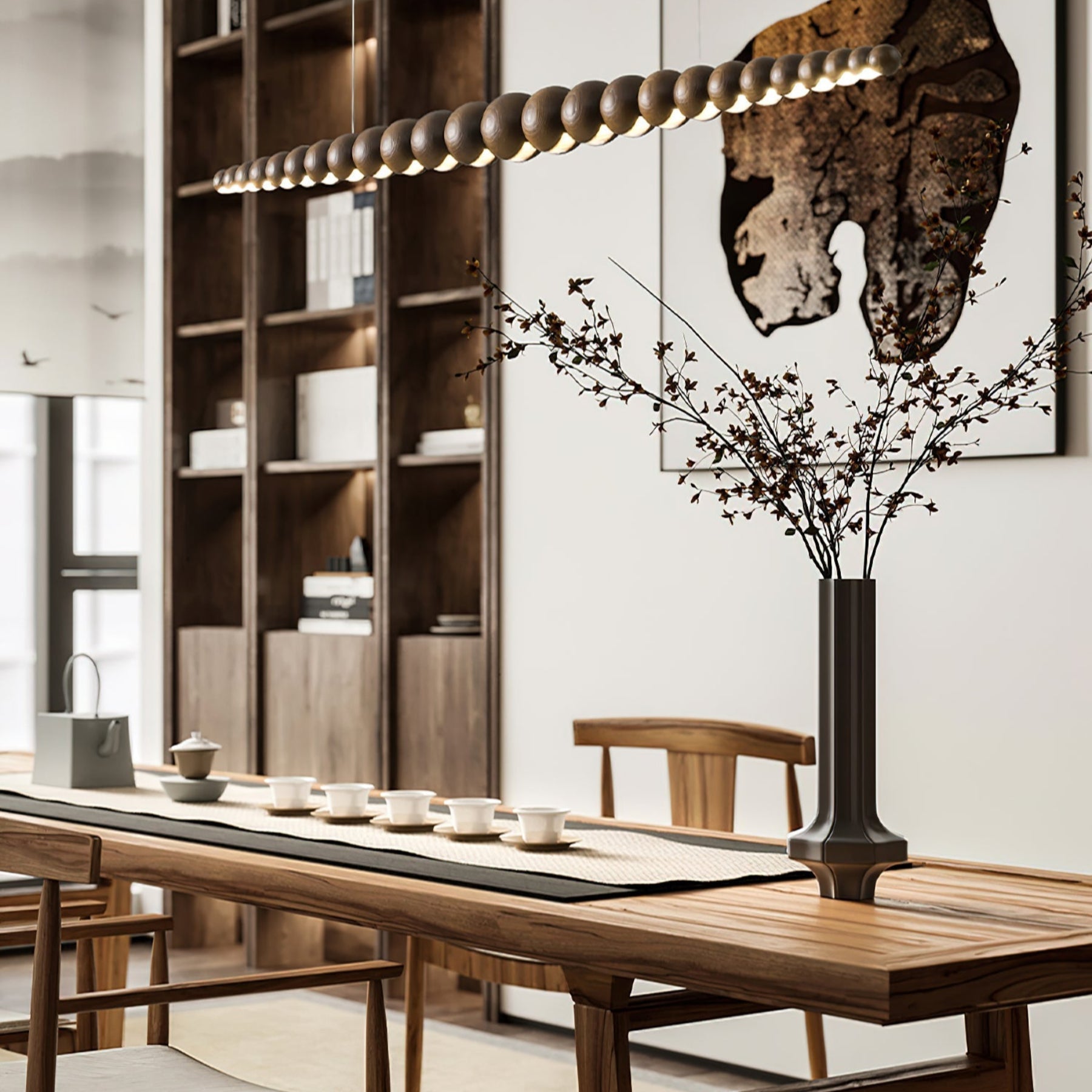 Hängeleuchte LED Holz Metall Schwarz Warmweiß Esstisch Kochinsel Moderne Beleuchtung Lineare Hängeleuchte Skandinavisches Interieur | Restfield