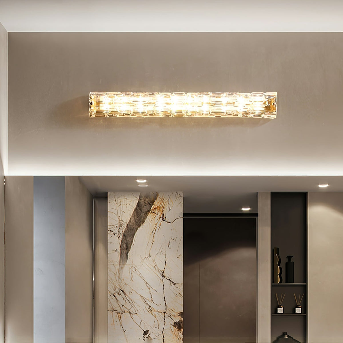 Glas-Wandleuchte aus messingfarbenem Metall, integrierte LED 3000K-6000K, dimmbare integrierte Beleuchtung, Wohnzimmer | Sansoti