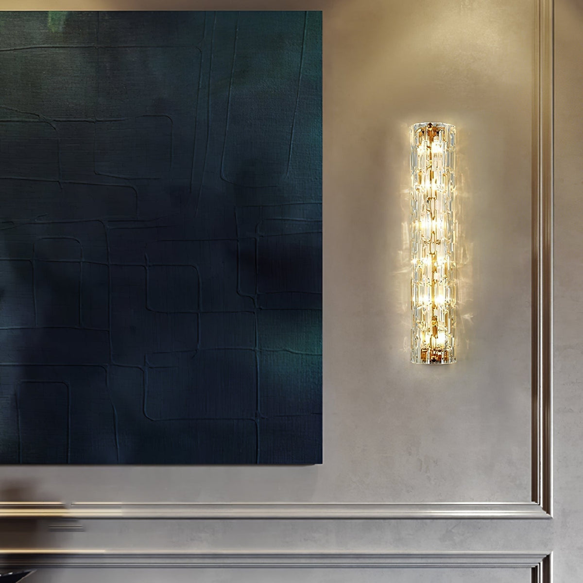 Glas-Wandleuchte aus messingfarbenem Metall, integrierte LED 3000K-6000K, dimmbare integrierte Beleuchtung, Wohnzimmer | Sansoti