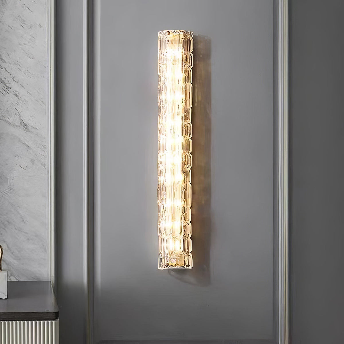 Glas-Wandleuchte aus messingfarbenem Metall, integrierte LED 3000K-6000K, dimmbare integrierte Beleuchtung, Wohnzimmer | Sansoti
