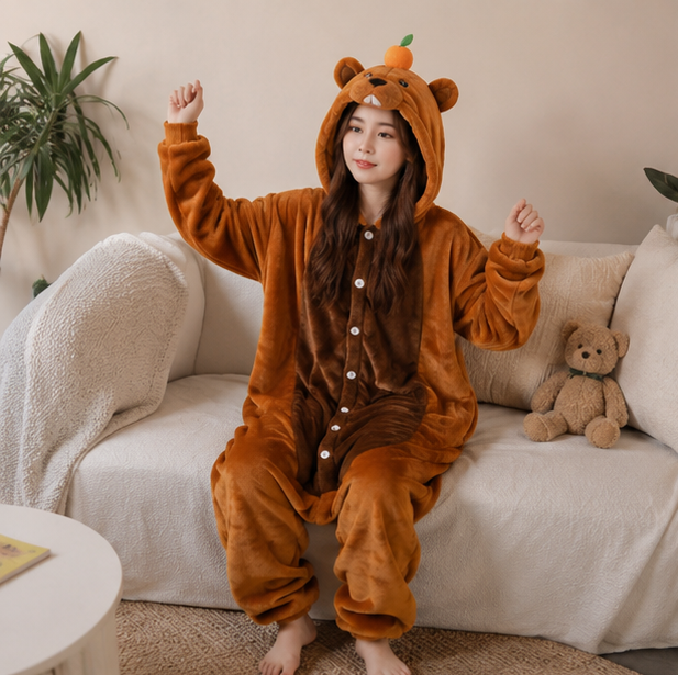 Capybara Flannel Hooded Onesie for Children – Soft Jumpsuit for Dress-Up Parties and Themed Events | Sansoti