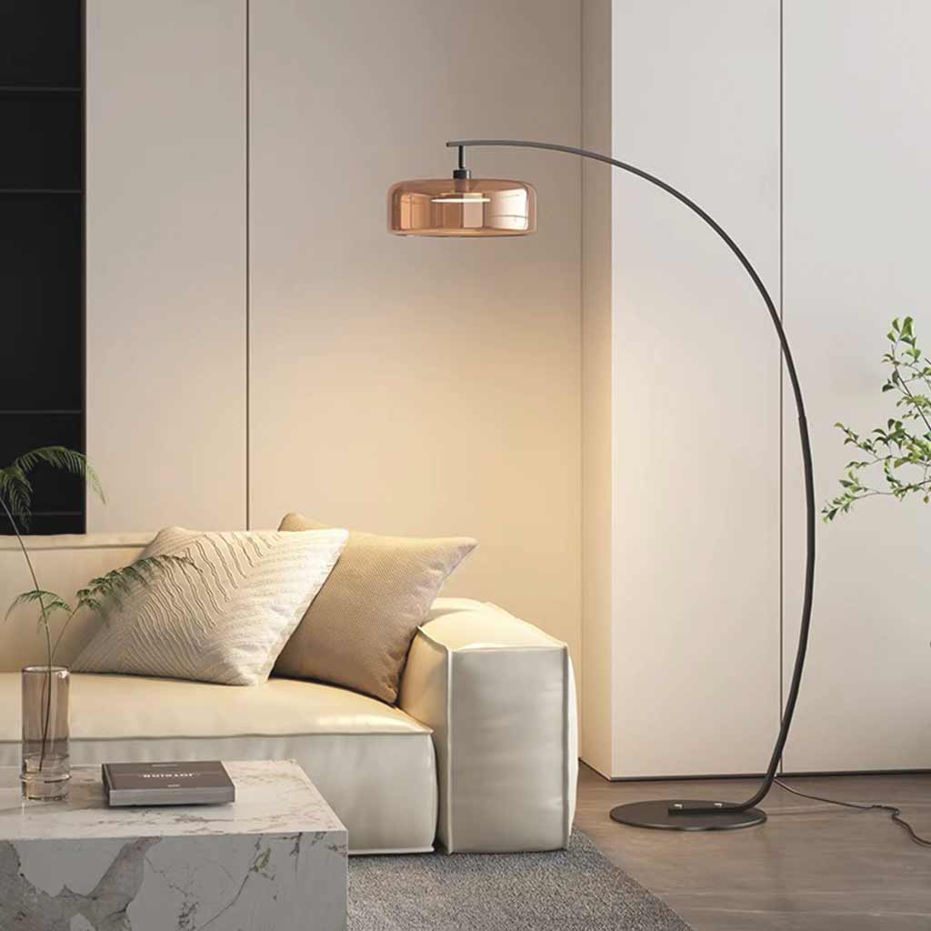 Gebogene Steh- und Bodenleuchte mit Glasschirm und Eisenfuß, dimmbar, modernes Design, Leselampe, Wohnzimmer, Schlafzimmer | Sansoti