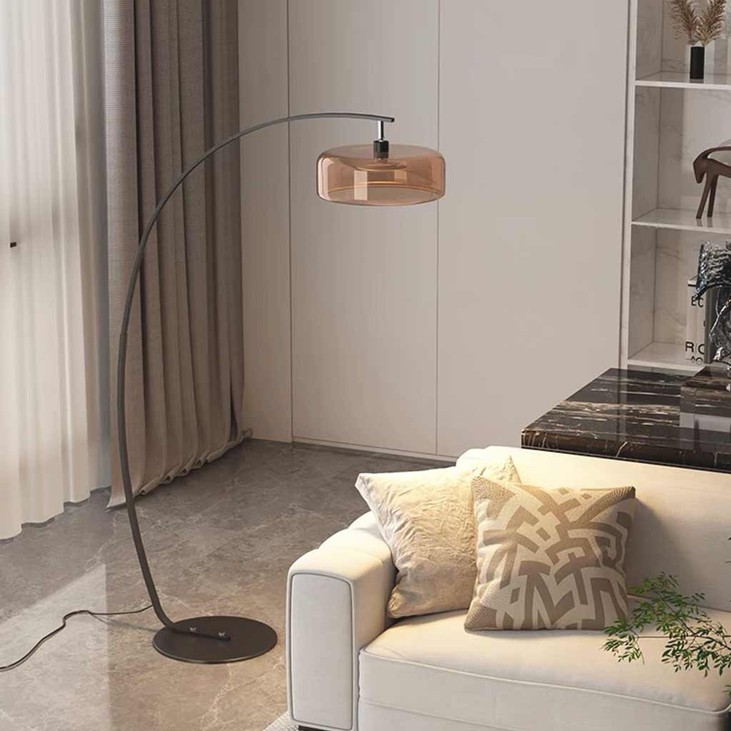 Gebogene Steh- und Bodenleuchte mit Glasschirm und Eisenfuß, dimmbar, modernes Design, Leselampe, Wohnzimmer, Schlafzimmer | Sansoti