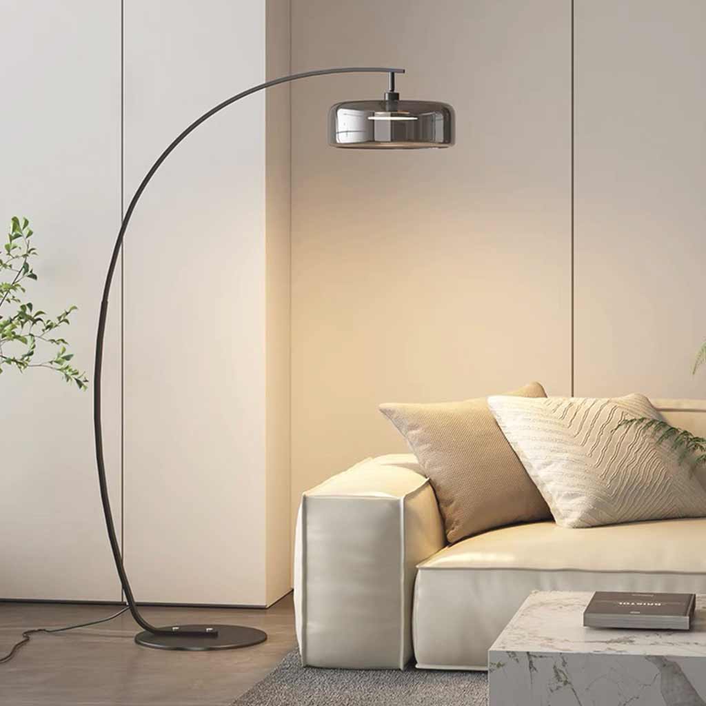 Gebogene Steh- und Bodenleuchte mit Glasschirm und Eisenfuß, dimmbar, modernes Design, Leselampe, Wohnzimmer, Schlafzimmer | Sansoti