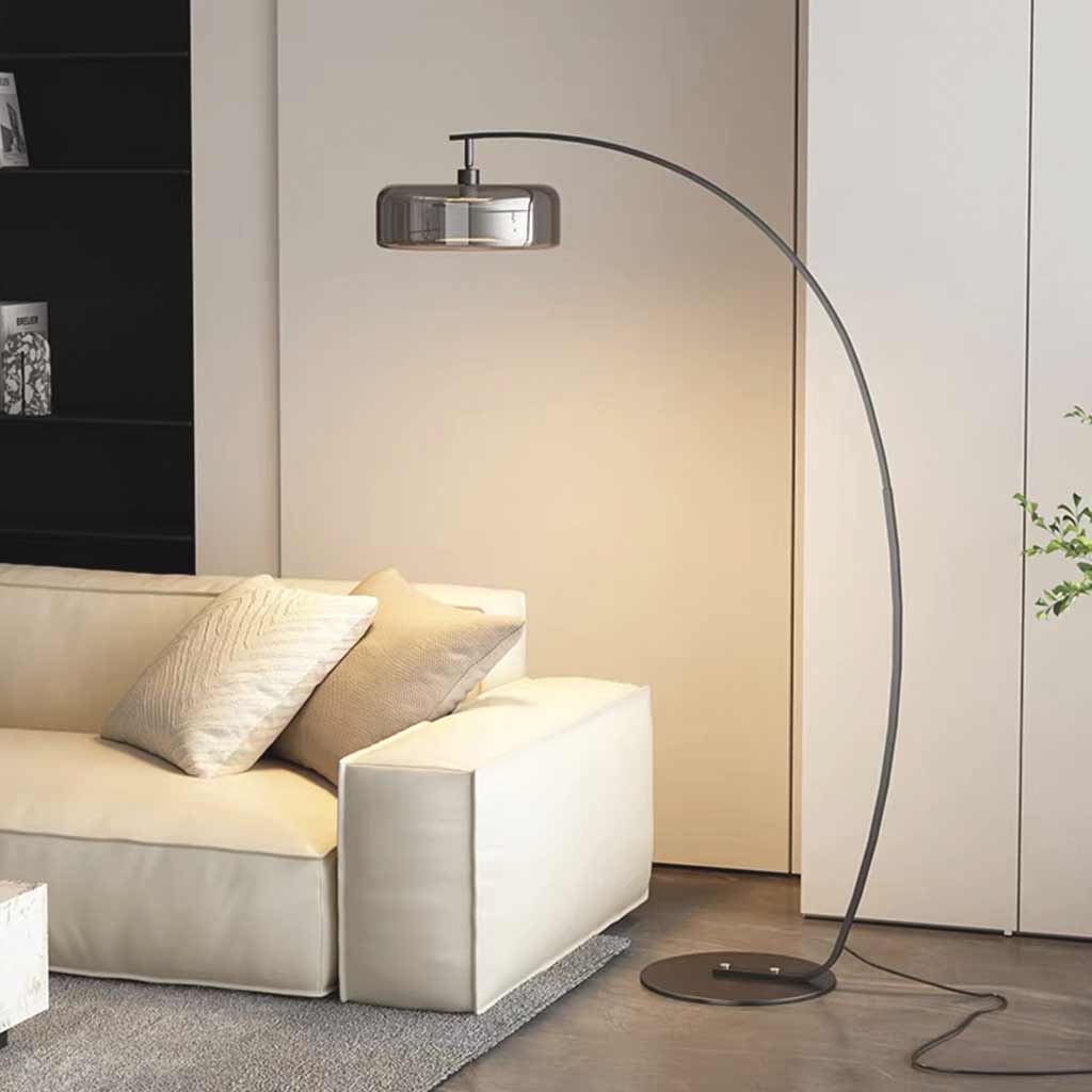 Gebogene Steh- und Bodenleuchte mit Glasschirm und Eisenfuß, dimmbar, modernes Design, Leselampe, Wohnzimmer, Schlafzimmer | Sansoti