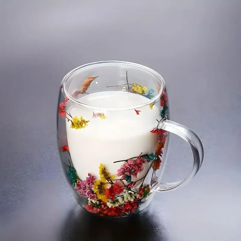 Glazen Dubbelwandige Bloemen Mok 350ml Koffie Thee Cadeau Elegant Transparant | Sansoti