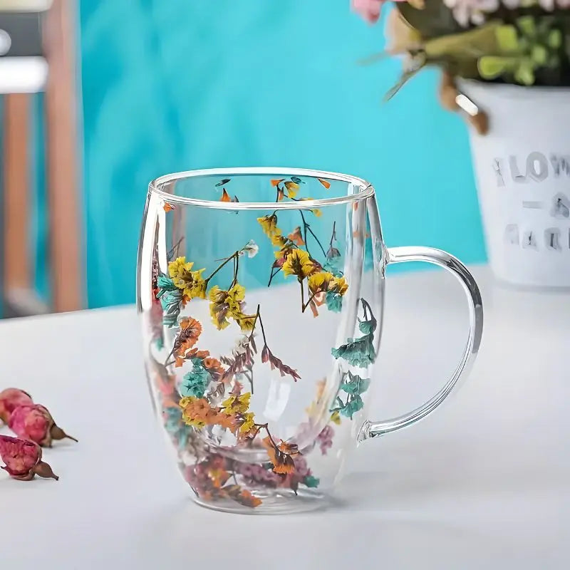 Glazen Dubbelwandige Bloemen Mok 350ml Koffie Thee Cadeau Elegant Transparant | Sansoti