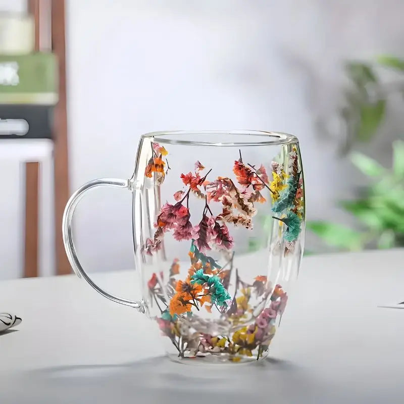 Glazen Dubbelwandige Bloemen Mok 350ml Koffie Thee Cadeau Elegant Transparant | Sansoti