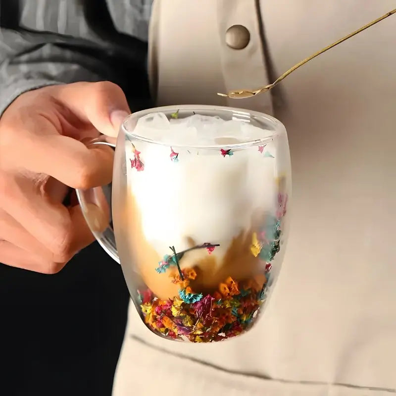 Glazen Dubbelwandige Bloemen Mok 350ml Koffie Thee Cadeau Elegant Transparant | Sansoti
