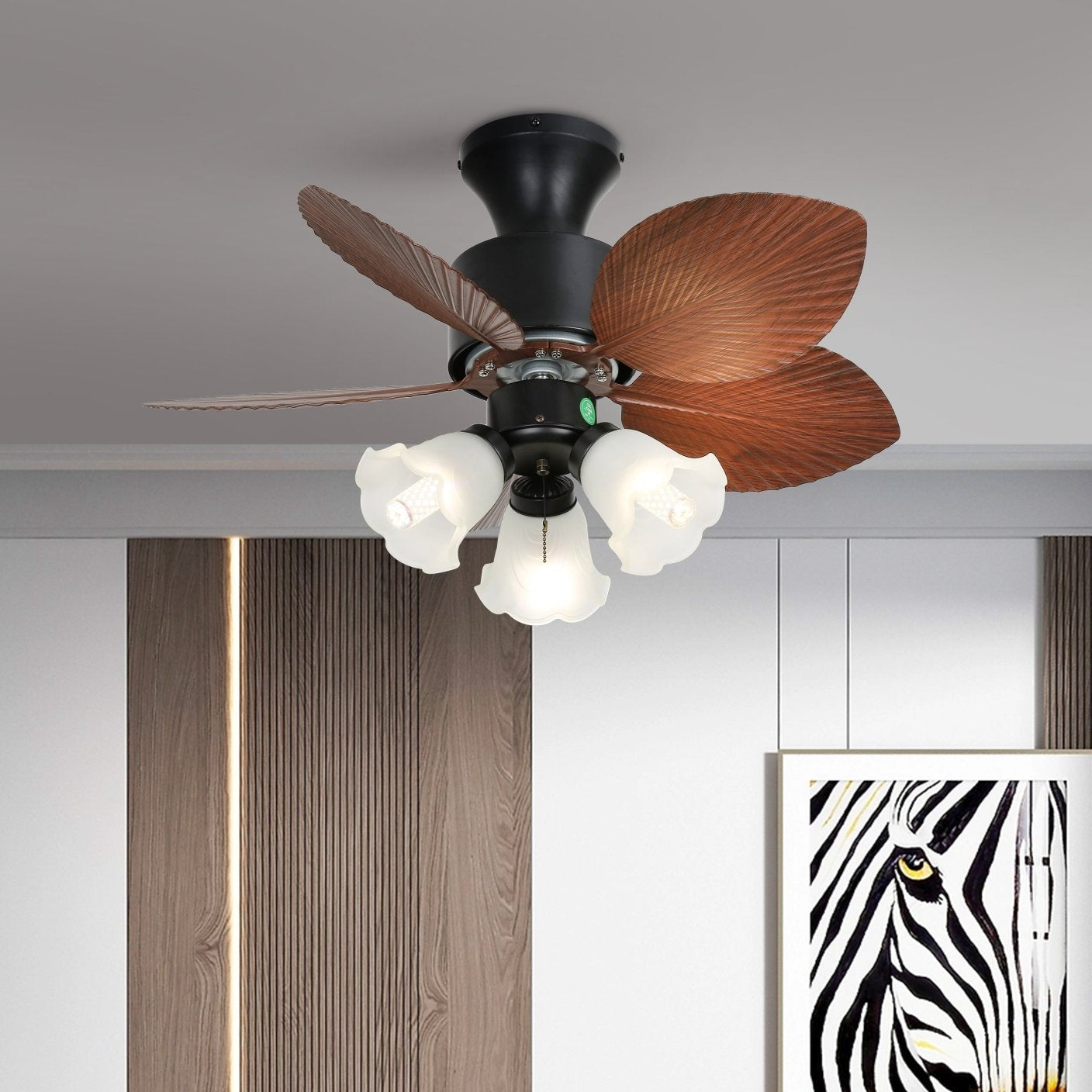 Plafondventilator met verlichting Florence in vintage houtlook — design plafondventilator met lamp, 6 snelheden, afstandsbediening, E27 of LED, geschikt voor woonkamer slaapkamer | Sansoti