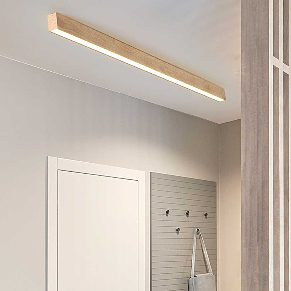Lineare LED-Deckenleuchte, dimmbar, Holzoptik, Eisen und Acryl, Flur, Diele und Eingangsbereich, Fernbedienung, warmweißes und neutralweißes Licht | Sansoti