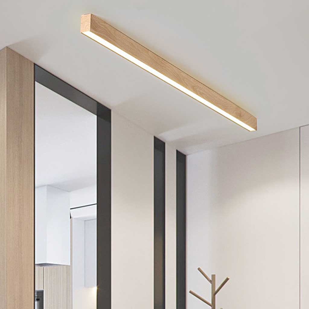 Lineare LED-Deckenleuchte, dimmbar, Holzoptik, Eisen und Acryl, Flur, Diele und Eingangsbereich, Fernbedienung, warmweißes und neutralweißes Licht | Sansoti