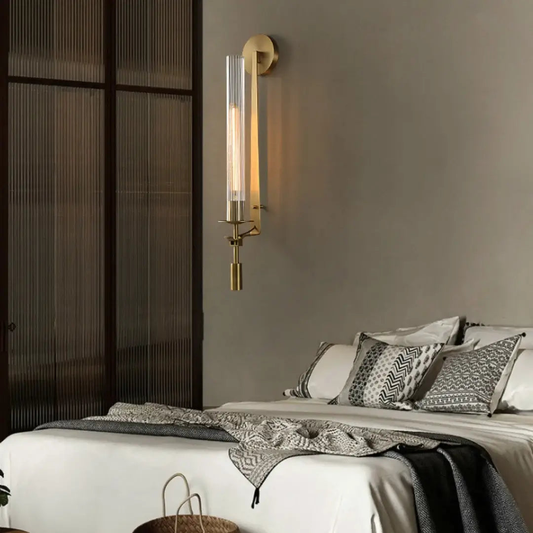 Klassieke Messing Wandlamp met Geribbeld Glas – 1940s Franse Stijl Cilinderlamp voor Gang Woonkamer Slaapkamer – E26 E27 Fitting – Enkel en Dubbel Lichtpunt | Sansoti
