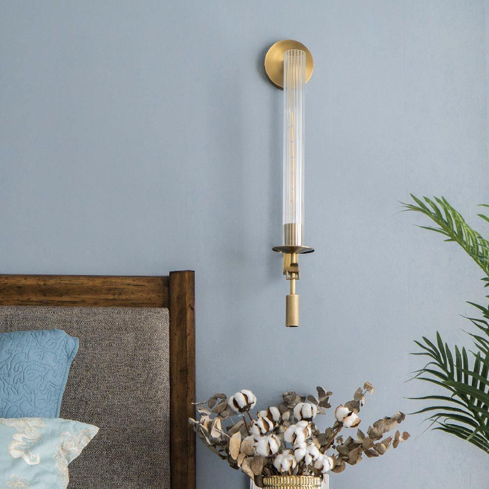 Klassieke Messing Wandlamp met Geribbeld Glas – 1940s Franse Stijl Cilinderlamp voor Gang Woonkamer Slaapkamer – E26 E27 Fitting – Enkel en Dubbel Lichtpunt | Sansoti