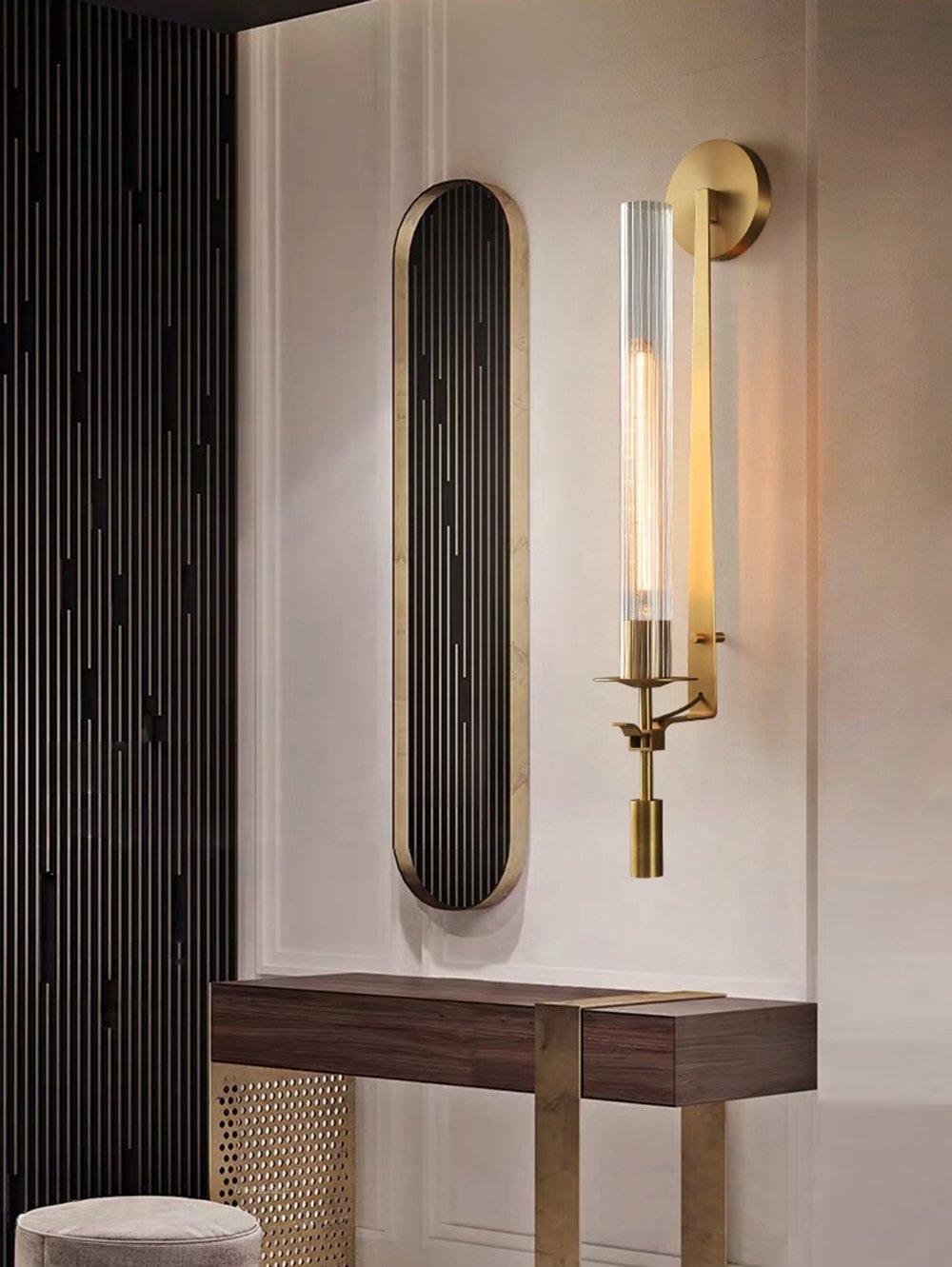 Klassieke Messing Wandlamp met Geribbeld Glas – 1940s Franse Stijl Cilinderlamp voor Gang Woonkamer Slaapkamer – E26 E27 Fitting – Enkel en Dubbel Lichtpunt | Sansoti