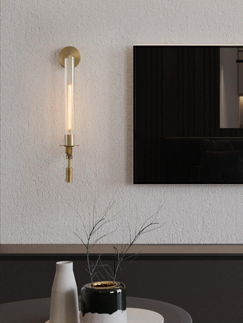 Klassieke Messing Wandlamp met Geribbeld Glas – 1940s Franse Stijl Cilinderlamp voor Gang Woonkamer Slaapkamer – E26 E27 Fitting – Enkel en Dubbel Lichtpunt | Sansoti