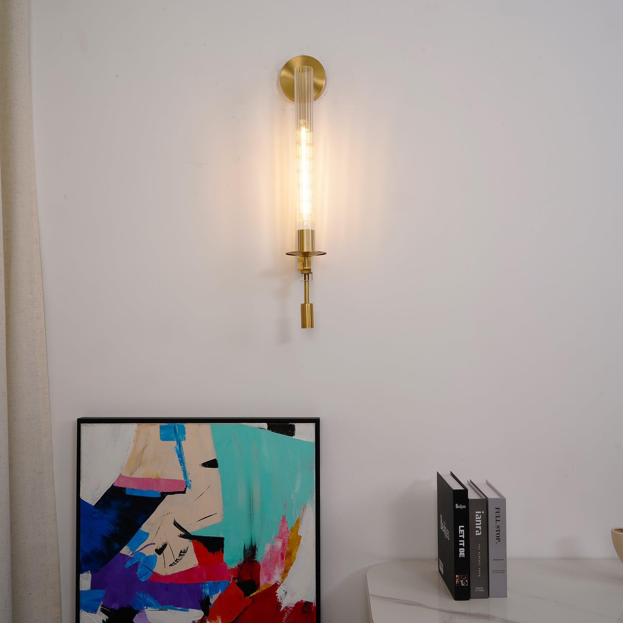 Klassieke Messing Wandlamp met Geribbeld Glas – 1940s Franse Stijl Cilinderlamp voor Gang Woonkamer Slaapkamer – E26 E27 Fitting – Enkel en Dubbel Lichtpunt | Sansoti