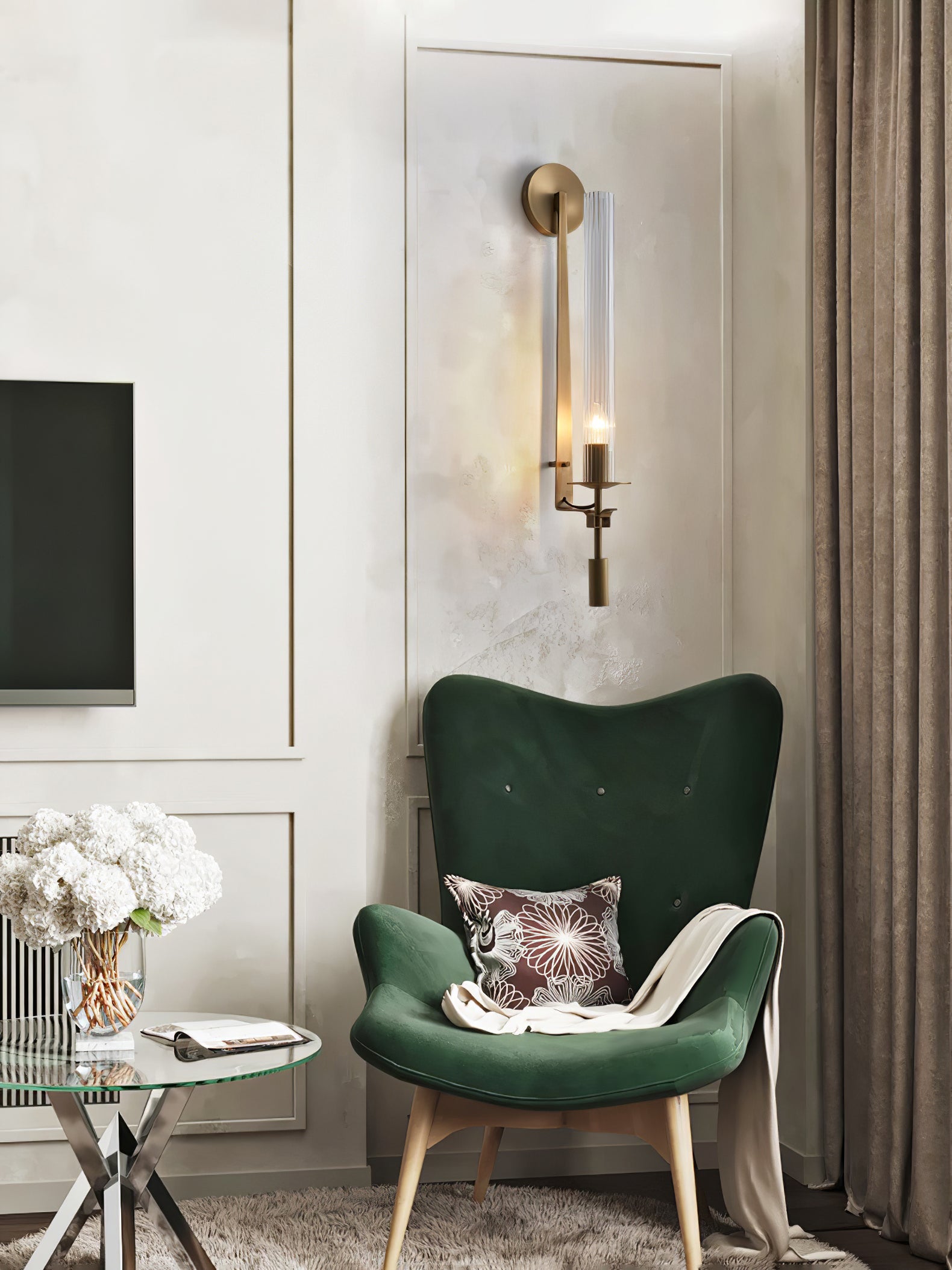 Klassieke Messing Wandlamp met Geribbeld Glas – 1940s Franse Stijl Cilinderlamp voor Gang Woonkamer Slaapkamer – E26 E27 Fitting – Enkel en Dubbel Lichtpunt | Sansoti