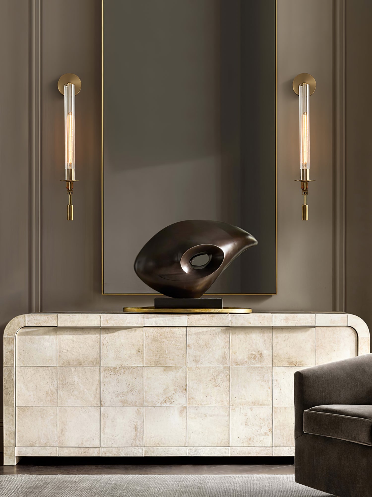Klassieke Messing Wandlamp met Geribbeld Glas – 1940s Franse Stijl Cilinderlamp voor Gang Woonkamer Slaapkamer – E26 E27 Fitting – Enkel en Dubbel Lichtpunt | Sansoti