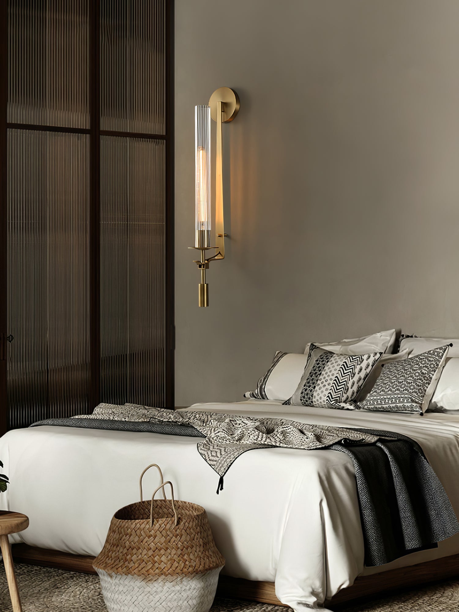 Klassieke Messing Wandlamp met Geribbeld Glas – 1940s Franse Stijl Cilinderlamp voor Gang Woonkamer Slaapkamer – E26 E27 Fitting – Enkel en Dubbel Lichtpunt | Sansoti