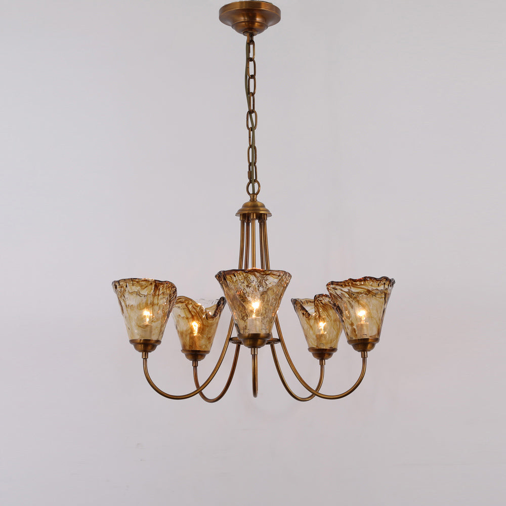 Kroonluchter Messing met Amber Glazen Kappen Meerdere Lichtpunten Hanglamp Eettafel Woonkamer E14 Sfeerverlichting | Sansoti