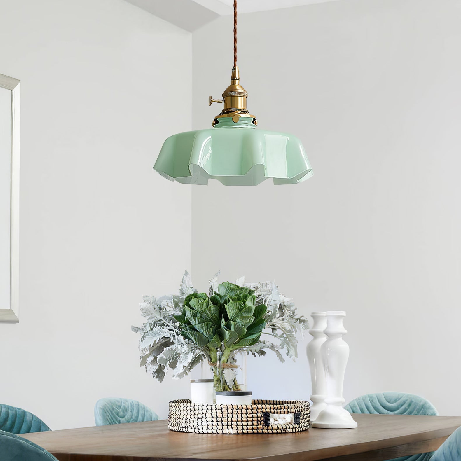 Geplooide Glazen Hanglamp met Messing Armatuur — Vintage Franse Stijl in Wit, Beige, Roze of Blauw — Verstelbare Kabel 150 cm | Sansoti