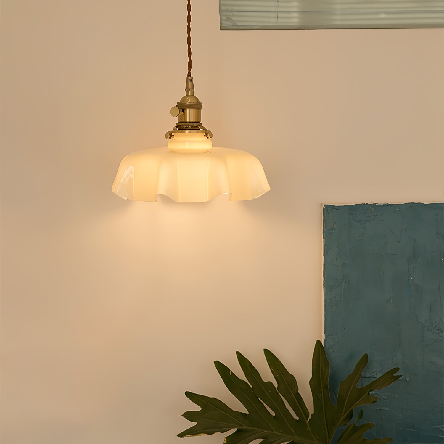 Geplooide Glazen Hanglamp met Messing Armatuur — Vintage Franse Stijl in Wit, Beige, Roze of Blauw — Verstelbare Kabel 150 cm | Sansoti