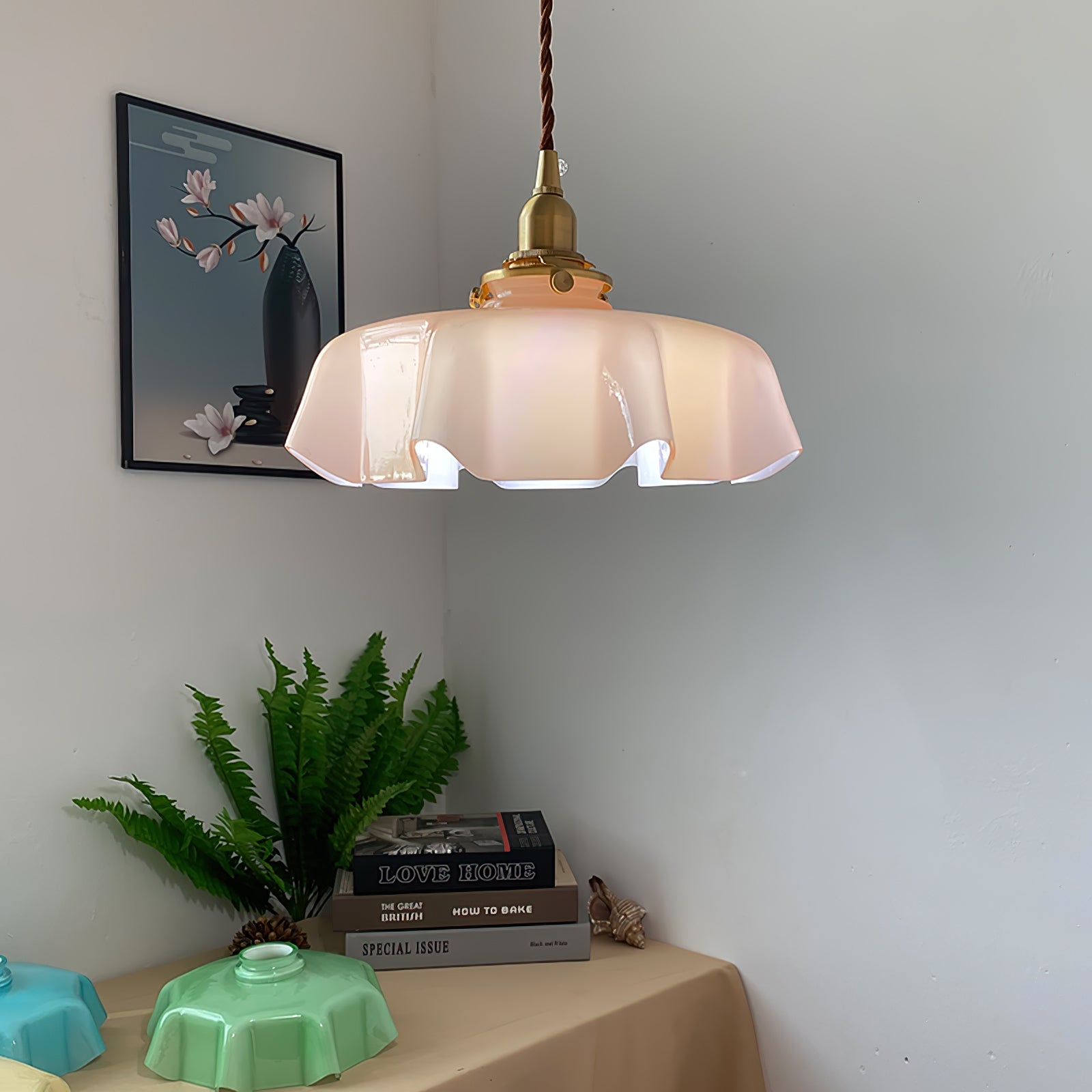 Geplooide Glazen Hanglamp met Messing Armatuur — Vintage Franse Stijl in Wit, Beige, Roze of Blauw — Verstelbare Kabel 150 cm | Sansoti