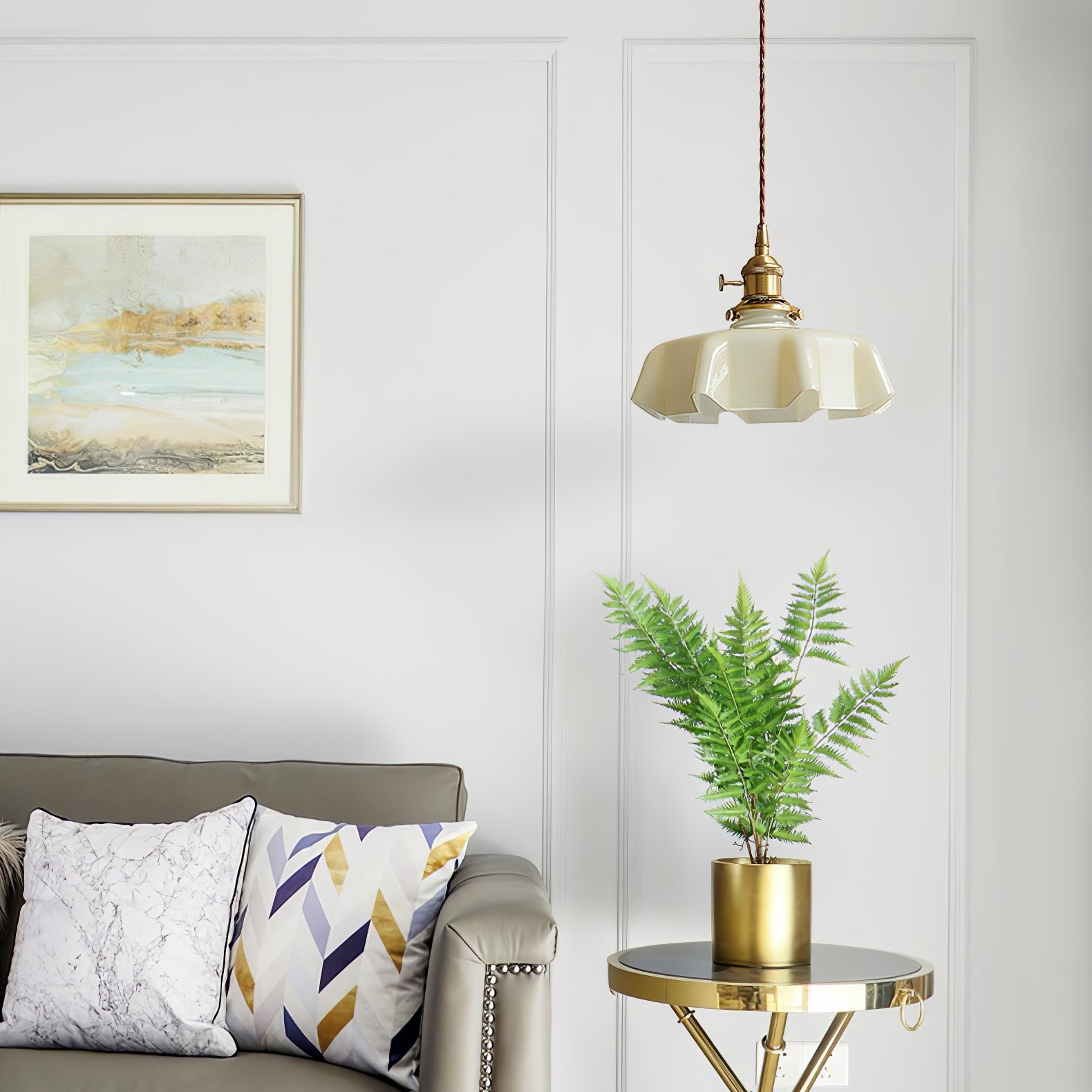 Geplooide Glazen Hanglamp met Messing Armatuur — Vintage Franse Stijl in Wit, Beige, Roze of Blauw — Verstelbare Kabel 150 cm | Sansoti