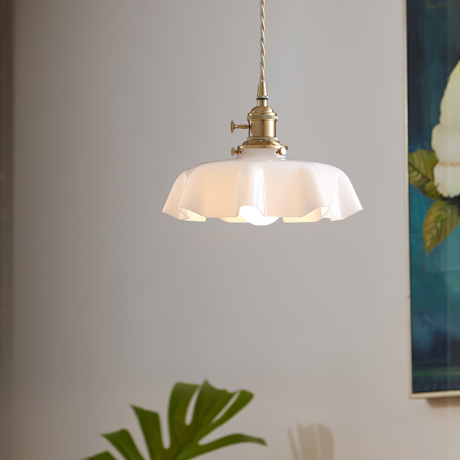 Geplooide Glazen Hanglamp met Messing Armatuur — Vintage Franse Stijl in Wit, Beige, Roze of Blauw — Verstelbare Kabel 150 cm | Sansoti