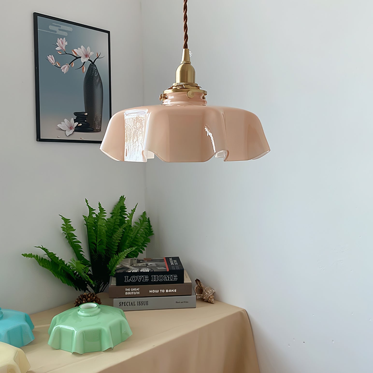 Geplooide Glazen Hanglamp met Messing Armatuur — Vintage Franse Stijl in Wit, Beige, Roze of Blauw — Verstelbare Kabel 150 cm | Sansoti