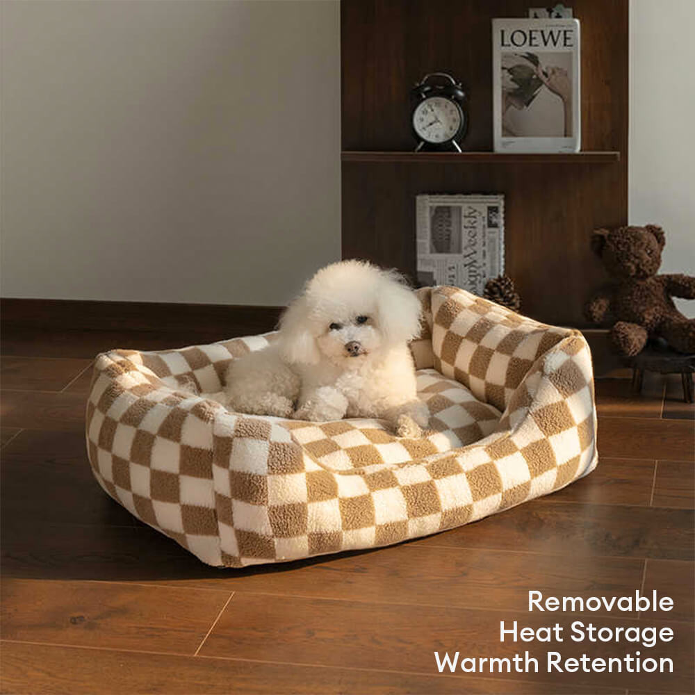 Dog Bed Checkered Pattern Removable Cover Soft Faux Fur Luxury Dog Bed for Small and Medium-Sized Dogs | Sansoti