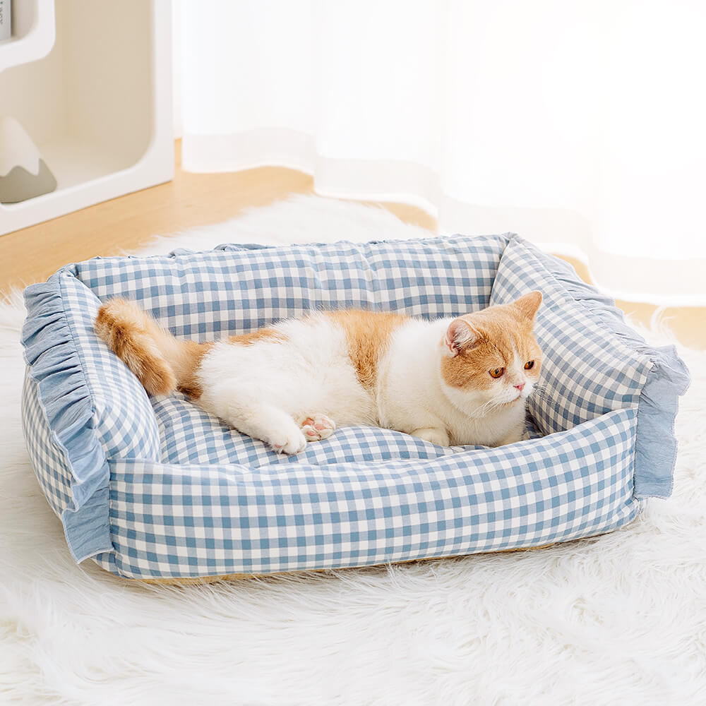 Geruite Hondenmand met Opstaande Rand Kattenbed Katoenen Huisdierbed Wasbaar Comfortabel M L Blauw Beige Roze | Sansoti