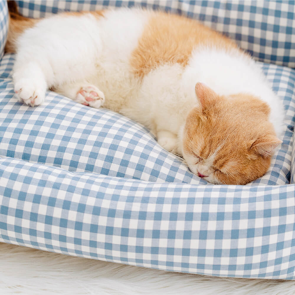 Geruite Hondenmand met Opstaande Rand Kattenbed Katoenen Huisdierbed Wasbaar Comfortabel M L Blauw Beige Roze | Sansoti