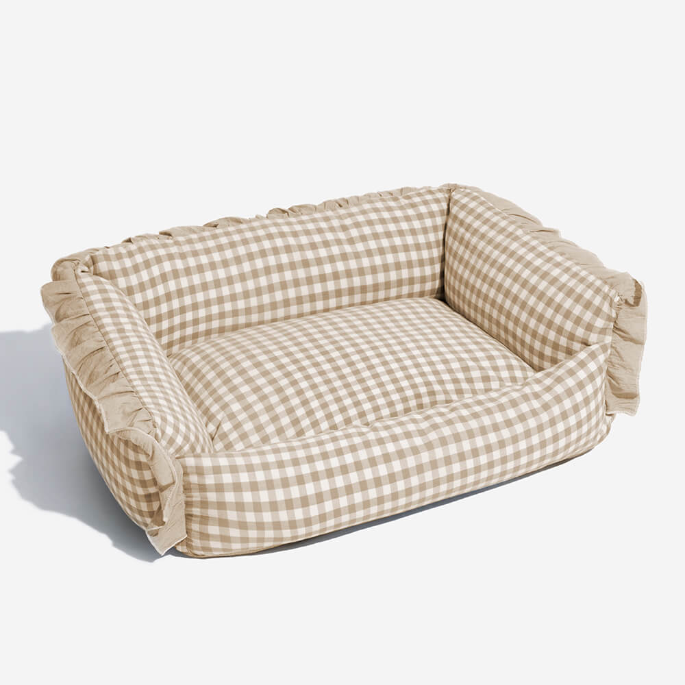 Geruite Hondenmand met Opstaande Rand Kattenbed Katoenen Huisdierbed Wasbaar Comfortabel M L Blauw Beige Roze | Sansoti