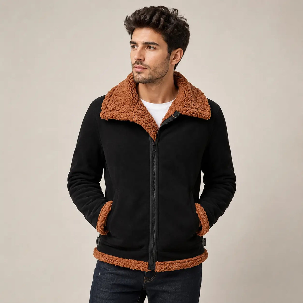 Gevoerde Winterjas Ritssluiting Heren Casual Jas Reverskraag Fleece Voering Losvallend Comfortabel Model | Sansoti