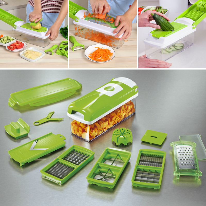 Gemüseschneider 12-in-1 Edelstahl Manuell Weiß Grün Multifunktionales Küchenutensil Julienne Würfelreibe Küche | Sansoti