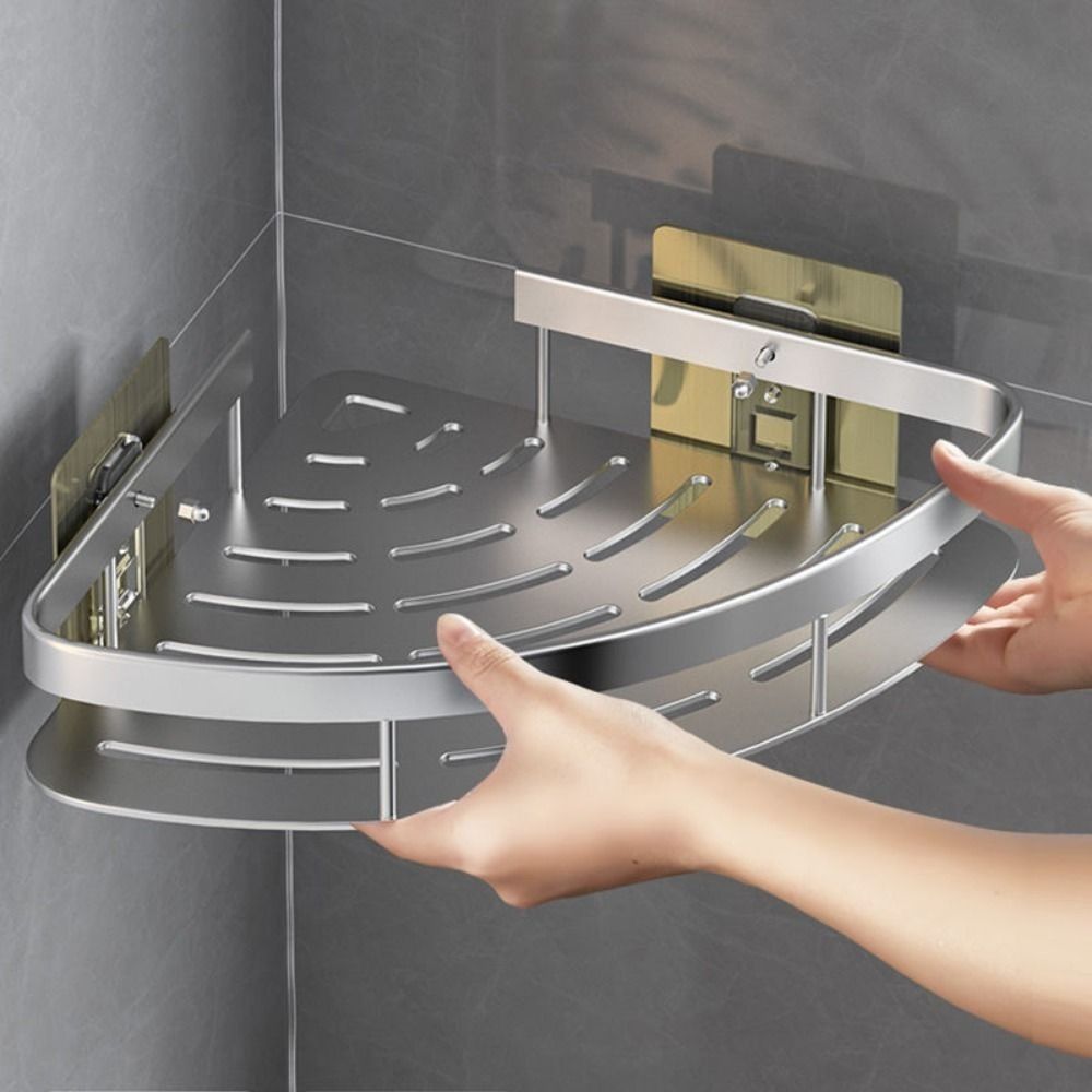 Aluminium Hoekplank voor Douche en Badkamer zonder Boren met Sterke Kleefpad Zwart Zilver | Sansoti