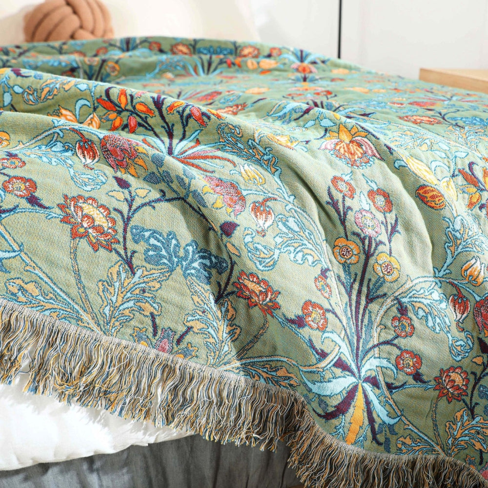 Katoenen Wenddeken met Bloemenweving en Kwasten – Zachte Jacquardplaid voor Bed en Bank | Sansoti