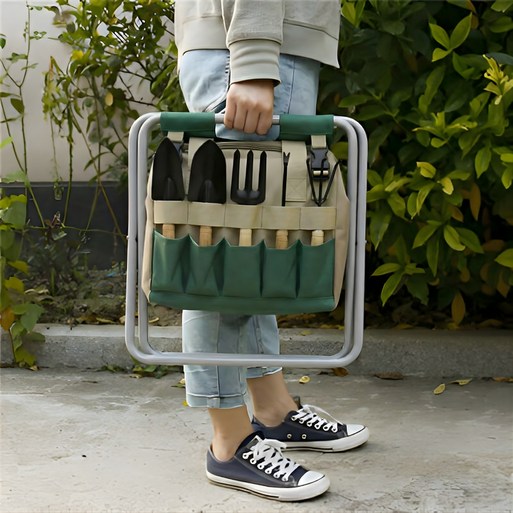Gartengeräte-Set 6-teilig mit Klapphocker und Tasche | Restfield