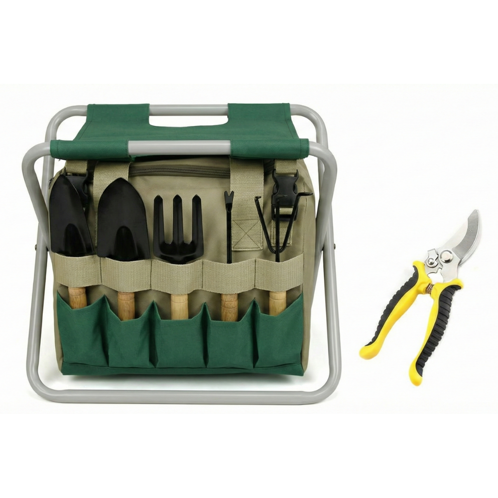 Gartengeräte-Set 6-teilig mit Klapphocker und Tasche | Restfield